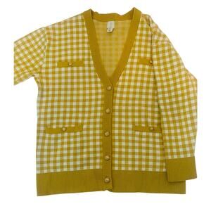 Yellow & White Gingham Button-Up Cardigan Sweater – Chic Retro Style